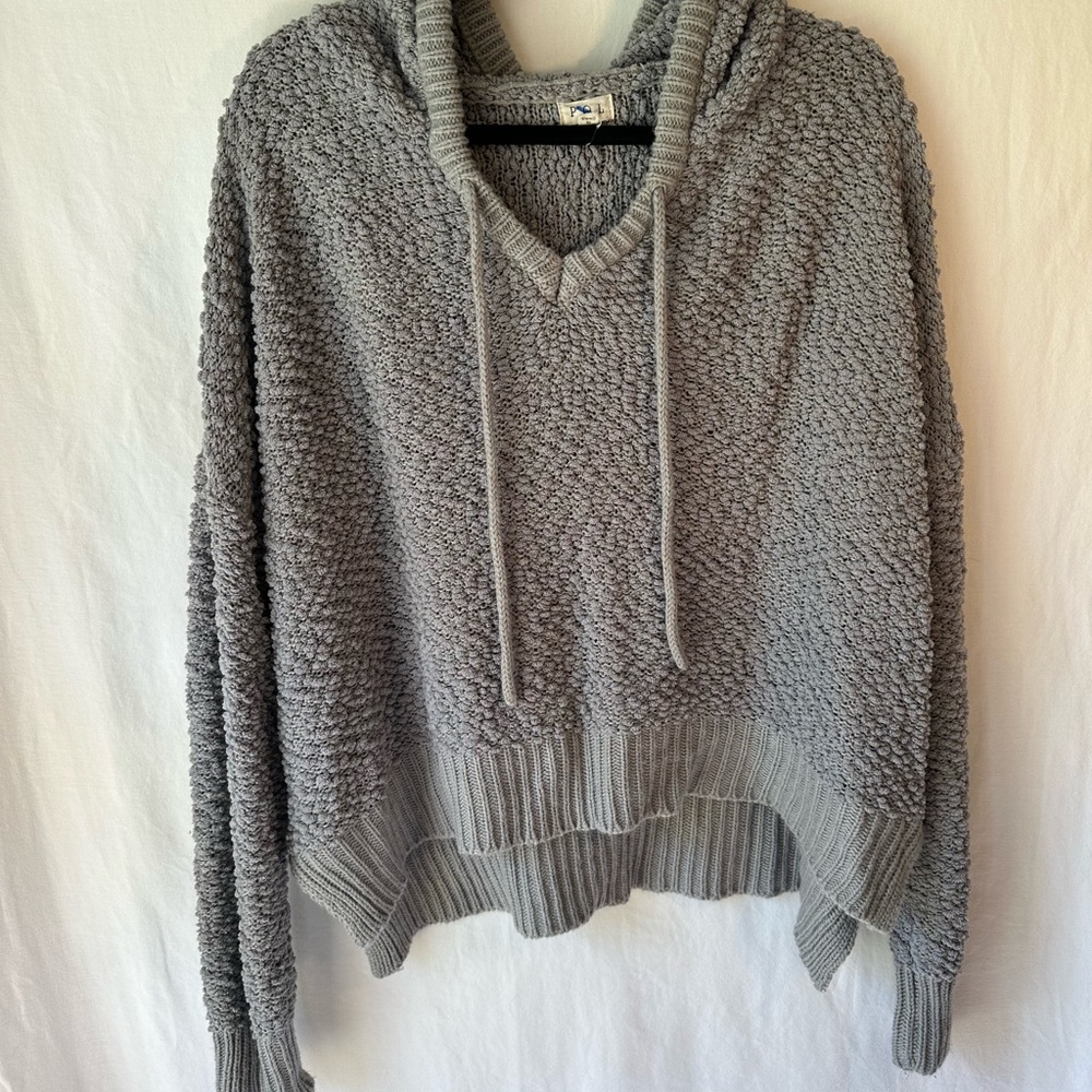 POL Womens Grey Hooded Chunky Knit Pullover Side Vent Size M Layering Sweater
